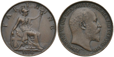 Великобритания 1 фартинг 1906 Эдуард VII (1901-1910), KM 792, Spink 3992 бронза 4548-1133