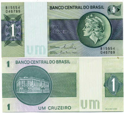 Бразилия 1 крузейро ND (1980) серия В 15ххх, подпись 20, голова свободы, здание Центрального банка Pick 191Ac бумага UNC (пресс) 7201-40-1
