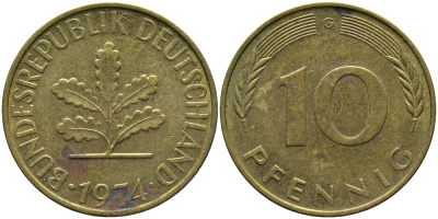 ФРГ 10 ПФЕННИГОВ 1974 G KM 108, J.383 сталь плакированная латунью 98-456