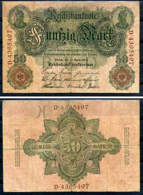 Германия 50 марок 1910 Pick 41 бумага 7523-38-2-2