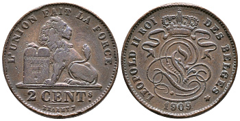 БЕЛЬГИЯ 2 САНТИМА 1909 BELGES KM 35.1 медь 4364-4132