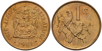ЮАР 1 ЦЕНТ 1981 ГЕРБ, КАПСКИЕ ВОРОБЬИ KM 82 бронза UNC 66-262