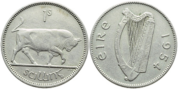 ИРЛАНДИЯ 1 ШИЛЛИНГ 1954 БЫК KM 14а медно-никель 4395-342