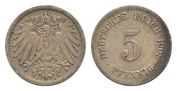 Германия 5 пфеннигов 1908 F, Вильгельм II (1888-1918) KM 11, J. 12 медно-никель 4640-127