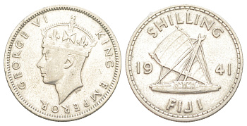 Фиджи 1 шиллинг 1941 Георг VI (1936-1952), парусник KM 12 серебро 4178-515