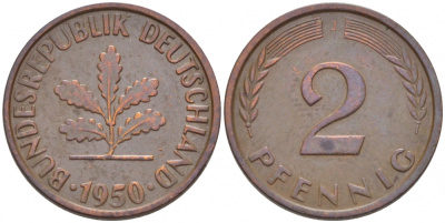 ФРГ 2 ПФЕННИГА 1950 J KM 106, J. 381 бронза 3955-614