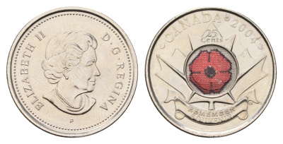 Канада 25 центов 2004 День памяти, Цветное покрытие KM 510 сталь плакированная никелем UNC 4678-1146
