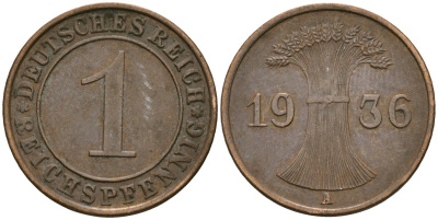 Германия 1 рейхспфенниг 1936 A KM 37, J. 313 бронза 4549-315