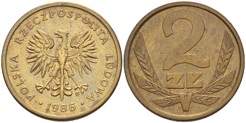 ПОЛЬША 2 ЗЛОТЫХ 1986 MW KM 80.1 латунь 76-755