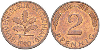 ФРГ 2 ПФЕННИГА 1990 G KM 106а, J. 381а сталь плакированная сталь плакированная медьюю 4181-855