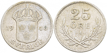 Швеция 25 эре 1918 W, Густав V (1907-1950), маленькая 8 KM 785 серебро 3309-911