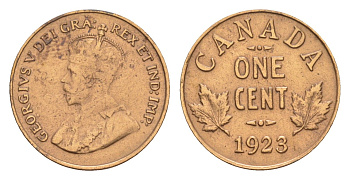 Канада 1 цент 1923 Георг V (1910-1936), редкий год - 1.019.002 экземпляров KM 28 бронза 1518-1433