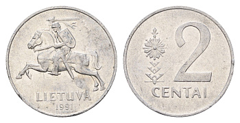 Литва 2 цента 1991 KM 86 алюминий 4674-651