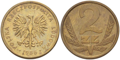 ПОЛЬША 2 ЗЛОТЫХ 1986 MW KM 80.1 латунь 76-755