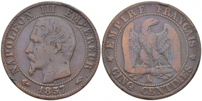 ФРАНЦИЯ 5 САНТИМОВ 1857 A, НАПОЛЕОН III (1852-1870) KM 777.1, LE FRANC 116.37 бронза 4448-116