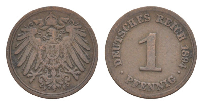 Германия 1 пфенниг 1894 F, Вильгельм II (1888-1918) KM 10, J. 10 медь 4639-1112