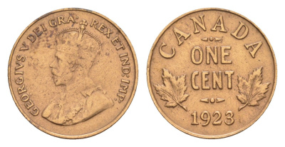 Канада 1 цент 1923 Георг V (1910-1936), редкий год - 1.019.002 экземпляров KM 28 бронза 1518-1433