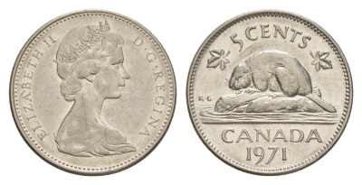 Канада 5 центов 1971 Елизавета II (1952-2022), бобр KM 60.1 никель 4639-456