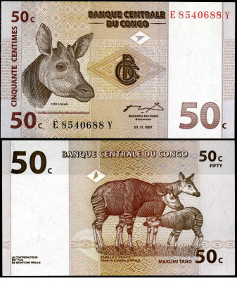 ДР Конго 50 сантимов 1997 окапи, резервация Эпулу Pick 84 a бумага UNC (пресс) 7183-36-4-2