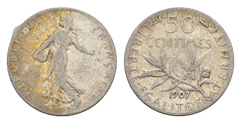 Франция 50 сантимов 1907 KM 854 серебро 4655-631