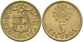 Португалия 5 эскудо 1993 KM 632 никель латунь 4571-943