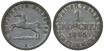 Брауншвейг-Каленберг-Ганновер 1 грош 1865 B, Георг V (1851-1866) KM 236, Jaeger 93, AKS 149 серебро 71-365