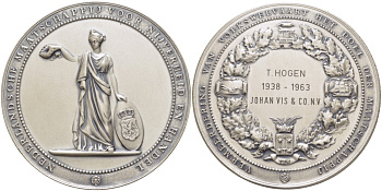 Нидерланды медаль 1963 от нидерландской торгово-промышленной компании, за 25 лет работы  T. Hogen (1938-1963) JOHAN VIS & CO.N.V., диаметр 63 мм.  белый металл  00-00