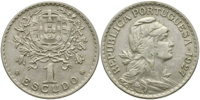 Португалия 1 эскудо 1927 голова Свободы вправо KM 578 никель латунь 4681-824