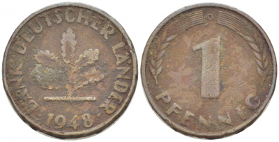ФРГ 1 ПФЕННИГ 1948 D KM А101, J.376 сталь плакированная медью 3955-469