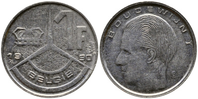 Бельгия 1 франк 1990 Belgie, Бодуэн I (1951-1993) KM 171 нержавеющая сталь 4387-642