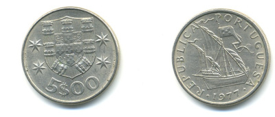 ПОРТУГАЛИЯ 5 ЭСКУДО 1977 ПАРУСНИК KM 591 медно-никель 176-312