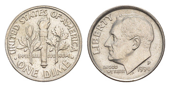 США 1 дайм (10 центов) 1994 P, президент Рузвельт KM 195a медь плакированная медно-никелем 4649-1255