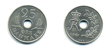 ДАНИЯ 25 ЭРЕ 1967 С; S, ФРЕДЕРИК IX (1947-1972) KM 855.1 медно-никель 80-344
