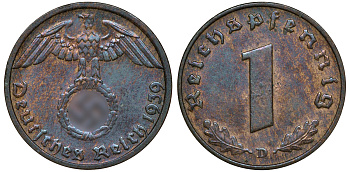 ГЕРМАНИЯ 1 РЕЙХСПФЕННИГ 1939 D J 361, KM 89 бронза 72-1636