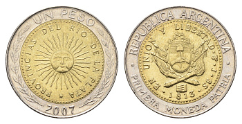 Аргентина 1 песо 2007 KM 112 биметалл aUNC 4663-637
