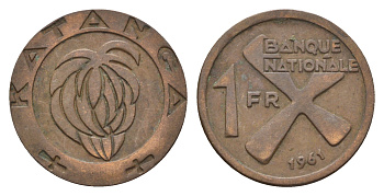 Катанга 1 франк 1961 Заир, балубский крест, связка бананов KM 1 бронза 36-432