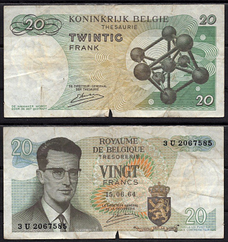 Бельгия 20 франков 1964 Бодуэн I; Атомиум, Брюссель Pick 138 (3) бумага 7548-115-4-2