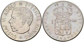 Швеция 1 крона 1970 U, Густав VI Адольф (1950-1973) KM 826а медь плакированная медно-никелем 4557-412