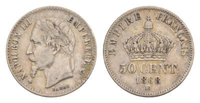 Франция 50 сантимов 1868 BB, Наполеон III (1852-1870) KM 814.2, Le Franc 88/10 серебро 443-1624