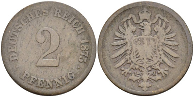 ГЕРМАНИЯ 2 ПФЕННИГА 1875 H, СТАРОГЕРБОВКА, РЕДКАЯ KM 2, Jager 2, Weege 3 медь 4546-554