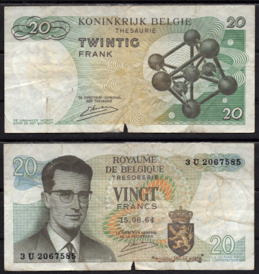 Бельгия 20 франков 1964 Бодуэн I; Атомиум, Брюссель Pick 138 (3) бумага 7548-115-4-2