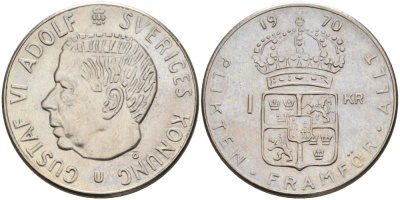 Швеция 1 крона 1970 U, Густав VI Адольф (1950-1973) KM 826а медь плакированная медно-никелем 4557-412
