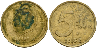 Бельгия 5 франков 1998 Belgie, Альберт II (1994-2013) KM 190 алюминиевая бронза 4601-325