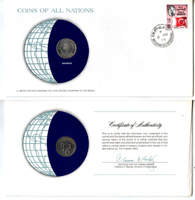 Бахрейн 50 филсов 1965 год-тип, конверт с маркой первого дня гашения, Coins of Nations KM 5 медно-никель UNC 4294-52-3