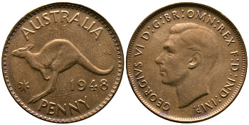 АВСТРАЛИЯ 1 ПЕННИ 1948 m, ГЕОРГ VI (1936-1952), КЕНГУРУ KM 36 бронза 74-214