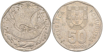 Португалия 50 эскудо 1988 парусник KM 636 медно-никель 81-134