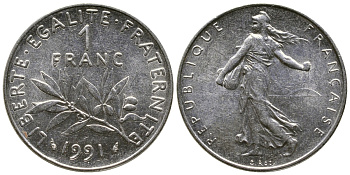 ФРАНЦИЯ 1 ФРАНК 1991 СЕЯТЕЛЬ KM 925.1 никель 93-1443