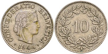 Швейцария 10 раппенов 1944 B KM 27 медно-никель 4532-412
