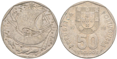 Португалия 50 эскудо 1988 парусник KM 636 медно-никель 81-134
