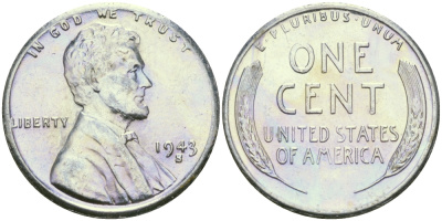 США 1 цент 1943 S (Сан-Франциско), Авраам Линкольн KM 132 a сталь плакированная цинком 96-1219